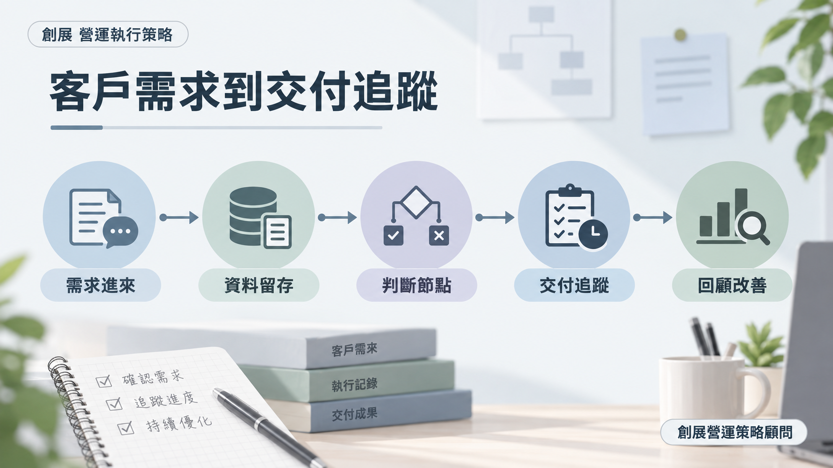 客戶需求到交付追蹤的工作流程範例圖